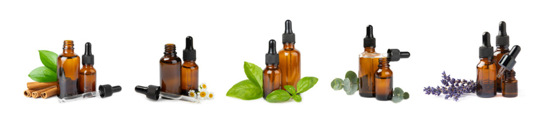 Essential oil isolated on white background.Aromatherapy.Spa.Concept of alternative herbal medicine.organic essential oils,dry healthy herbs, floral extracts.natural ingredients for cosmetic production