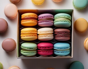 a box of mixed macarons on the table, view from above, food photography
