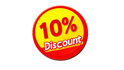 A circular badge announces a 10% discount offer with bold red and yellow text isolated on transparent or white background. Generative ai