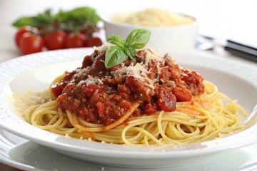 Delicious spaghetti with meat sauce and parmesan cheese isolated on white background