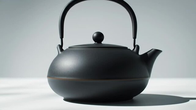 Minimalist matte black teapot on white background, cinematic orbit and zoom, soft daylight