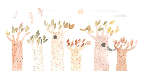 Watercolor illustration. Cute set of trees. Forest. Green ecosystem.
