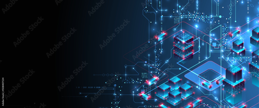 Poster Digital circuit visualization vector background.  Blue board pattern with interconnected lines, nodes, and binary code.