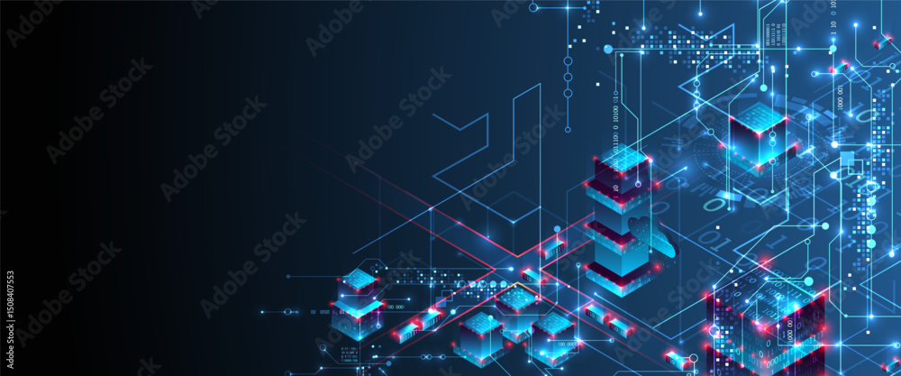 Aufkleber Digital circuit visualization vector background.  Blue board pattern with interconnected lines, nodes, and binary code.