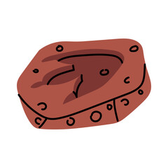 fossil is an imprint of Allosaurus footprint. Paleontology, silhouette of a dinosaur in stone. Flat color illustration. For scientific projects, encyclopedias, museum exhibitions, materials dinosaurs