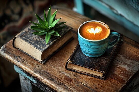 A cozy morning brew with heart latte art reading in peace and finding calm and simple light in old