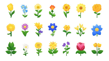 A collection of 24 diverse, pixel-art flower icons, showcasing various colors and forms isolated on transparent or white background. Generative ai