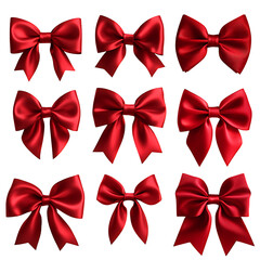 A collection of nine elegant, deep-red silk bows, each meticulously rendered isolated on transparent or white background. Generative ai
