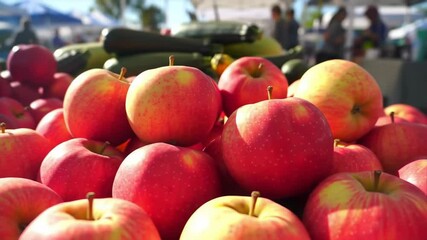 Farmers Market Apple Display with Sunlit Produce and Bustling Atmosphere - Powered by Adobe
