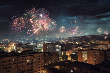Enchanting night sky over the city illuminated by vibrant fireworks for memorable New Years Eve celebrations