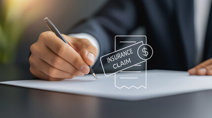 A person signs documents related to an insurance claim, symbolizing financial protection and paperwork.
