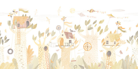Cute children tree houses. Playground in the park. Watercolor illustration. Horizontal repeating border. Forest. Hand drawn illustration. Wall art.