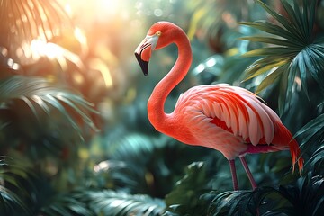 Vibrant Flamingo in Lush Tropical Habitat - Nature Photography for Posters and Decor