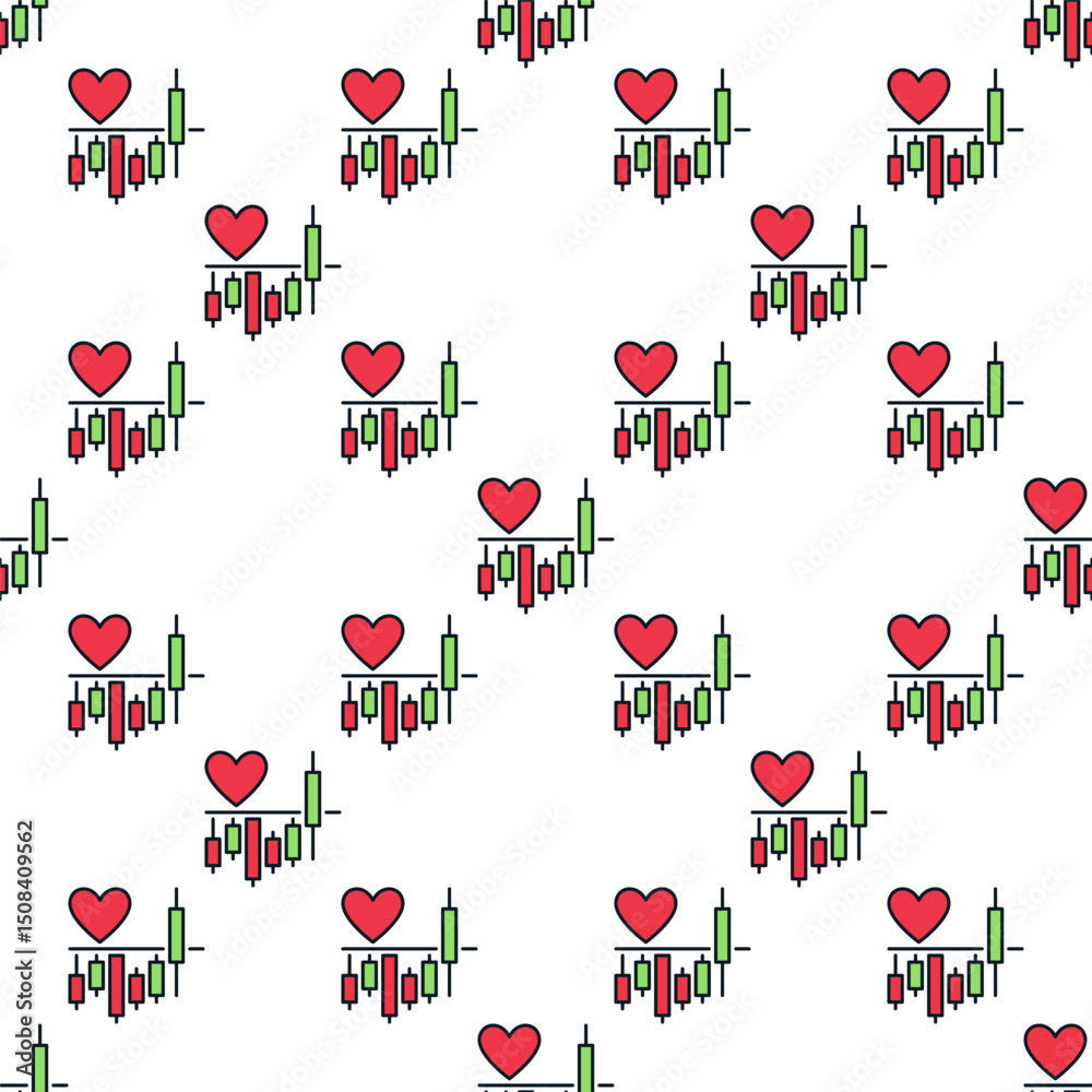 Poster crypto chart with red heart shape vector colored seamless pattern