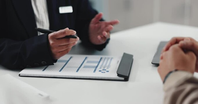 Hands, doctor and discussion with clipboard at hospital, admin and report by laptop for notes. People, prescription and talk for assessment, referral or writing for advice with consultation at clinic