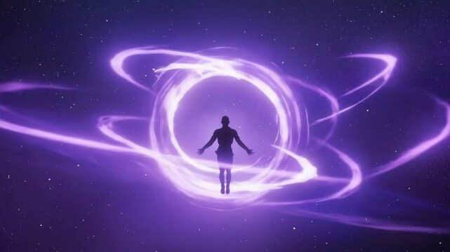A celestial sorcerer silhouette levitates before a massive floating purple energy ring stars. Particles orbit like spell fragments ring emits surges of cosmic force, suggesting space-magic fusion