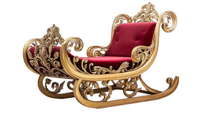 A decorative sleigh, with ornate gold carvings and a plush red velvet seat. The sleigh is set against a transparent background
