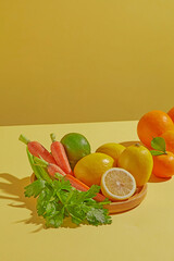 Fresh citrus fruits and root vegetables like carrots and lemon are styled on a light beige background, creating a healthy and energizing food concept image.
