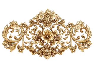 A detailed, ornate, golden-colored, floral-inspired design. Features swirling leaves, flowers, and elaborate decorative elements isolated on transparent or white background. Generative ai