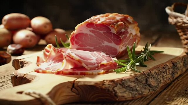 Rustic cured meat on wooden board, cinematic close-up orbit and tilt with warm sunlight