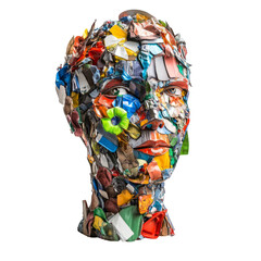 Artistic Head Sculpture Made of Recycled Materials on Transparent Background
