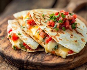 Warm cheesy quesadillas with fresh tomato salsa resting on rustic wooden board under soft diffused