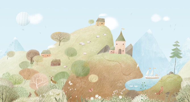 Summer landscape with hills, lake, village houses, castle. Watercolor illustration. Cute landscape for a child's room. Hand drawn illustration. Wall art. Seamless pattern.