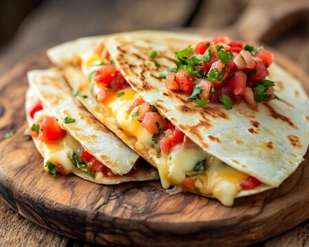 Warm cheesy quesadillas with fresh tomato salsa resting on rustic wooden board under soft diffused