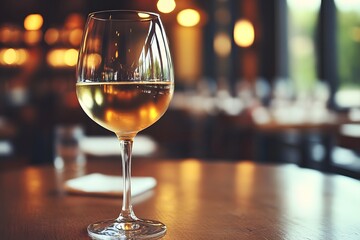 Elegant Wine Glass on a Wooden Table in Cozy Evening Ambiance