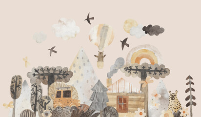 Cute watercolor landscape. House, forest, mountains. Wall art. Vintage color.