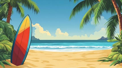 Tropical beach scene with a surfboard.