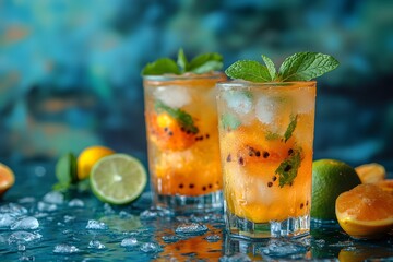 Refreshing Citrus Mint Cocktail with Ice on a Vibrant Summer Day Scene