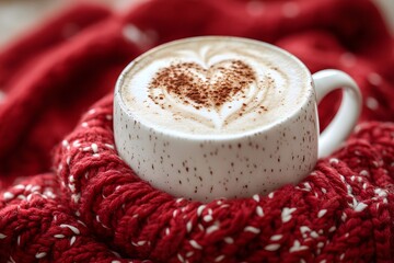 Cozy Winter Coffee with Heart Latte Art in a Warm Knitted Blanket