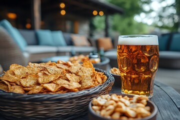 Outdoor Lounge Setting with Refreshing Beer and Savory Snacks for Relaxation