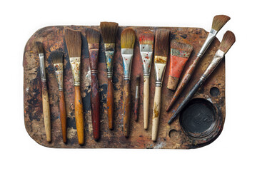 Set of used paintbrushes on wooden palette isolated on transparent background