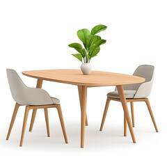 
Oval wooden dining table with two chairs and plant - 3D render