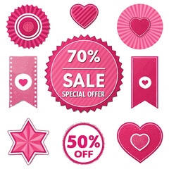 Set of pink sale badges and ribbons. Vector design elements.