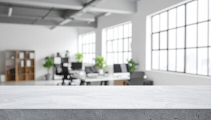 Marble table top with a blurred background of a modern office. The scene is brightly lit with natural light and indoor plants, creating a sleek and professional environment for product presentation.