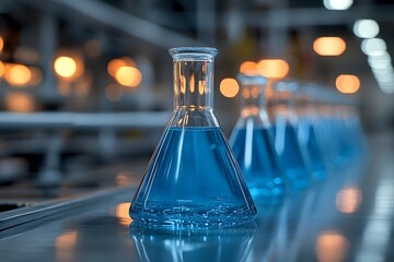 Blue Liquid in Laboratory Flask on Industrial Conveyor Line - Scientific and Technological Innovation