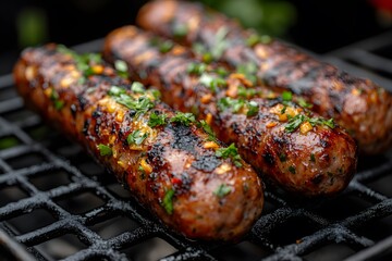 Grilled Sausages with Herbs on Barbecue Grill - Perfect for Summer BBQ or Outdoor picnic