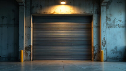 Automatic steel roller door for warehouse security with granite background.