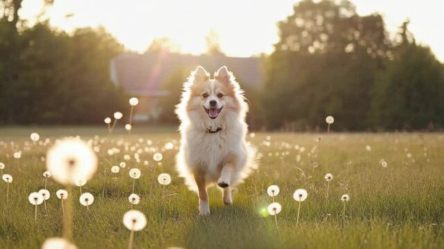 Happy fluffy dog running towards camera through sunlit dandelion field.