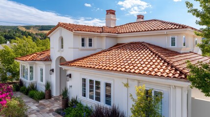 Fototapeta premium Mediterranean-style home with red tile roof in sunny landscape