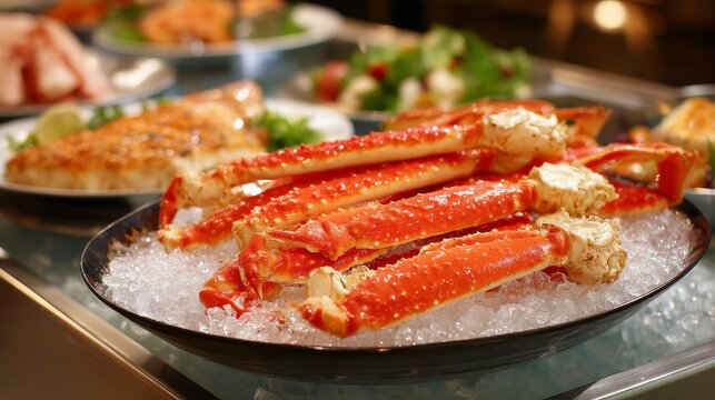Fresh alaskan king crab legs on ice at seafood buffet