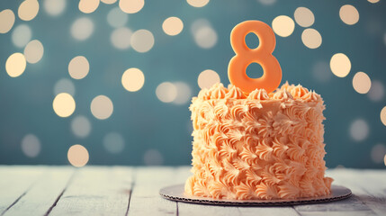 A photo of an orange birthday cake with the number 8 on top, against a blue background and bokeh lights, on a white wooden table.
