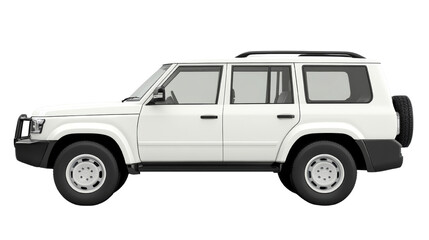 Side profile of a white SUV car with roof racks on an isolated background