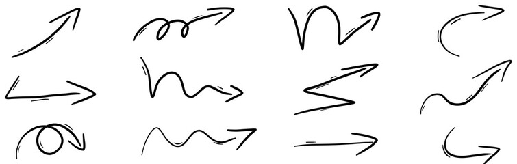 set of many different hand-drawn arrows isolated on white or transparent png