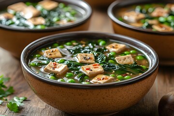 Nutritious Vegan Soup with Tofu and Vegetables in Rustic Bowls - Healthy Meal Option for Winter Comfort