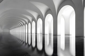 Modern Architectural Design with Endless White Arches and Reflective Black Floor