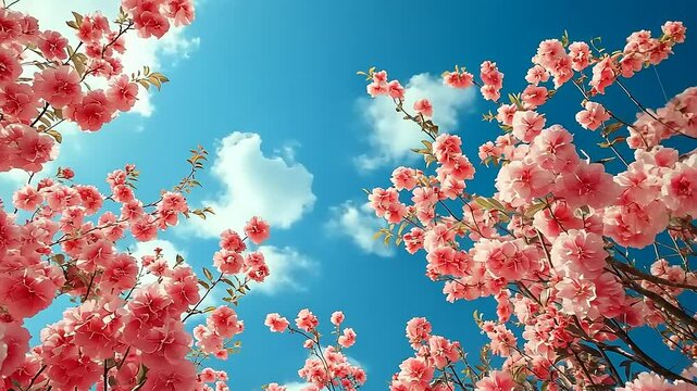 Pink Cherry Blossom Flowers Blooming Against a Clear Blue Sky with White Clouds